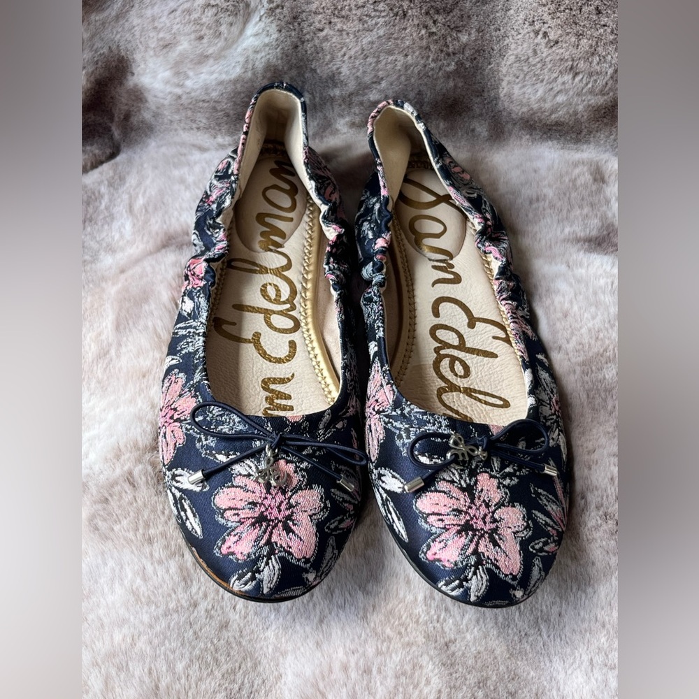 SAM EDELMAN Felicia Floral Flowers Embroidered Ballet Flats Bow Sz 7.5